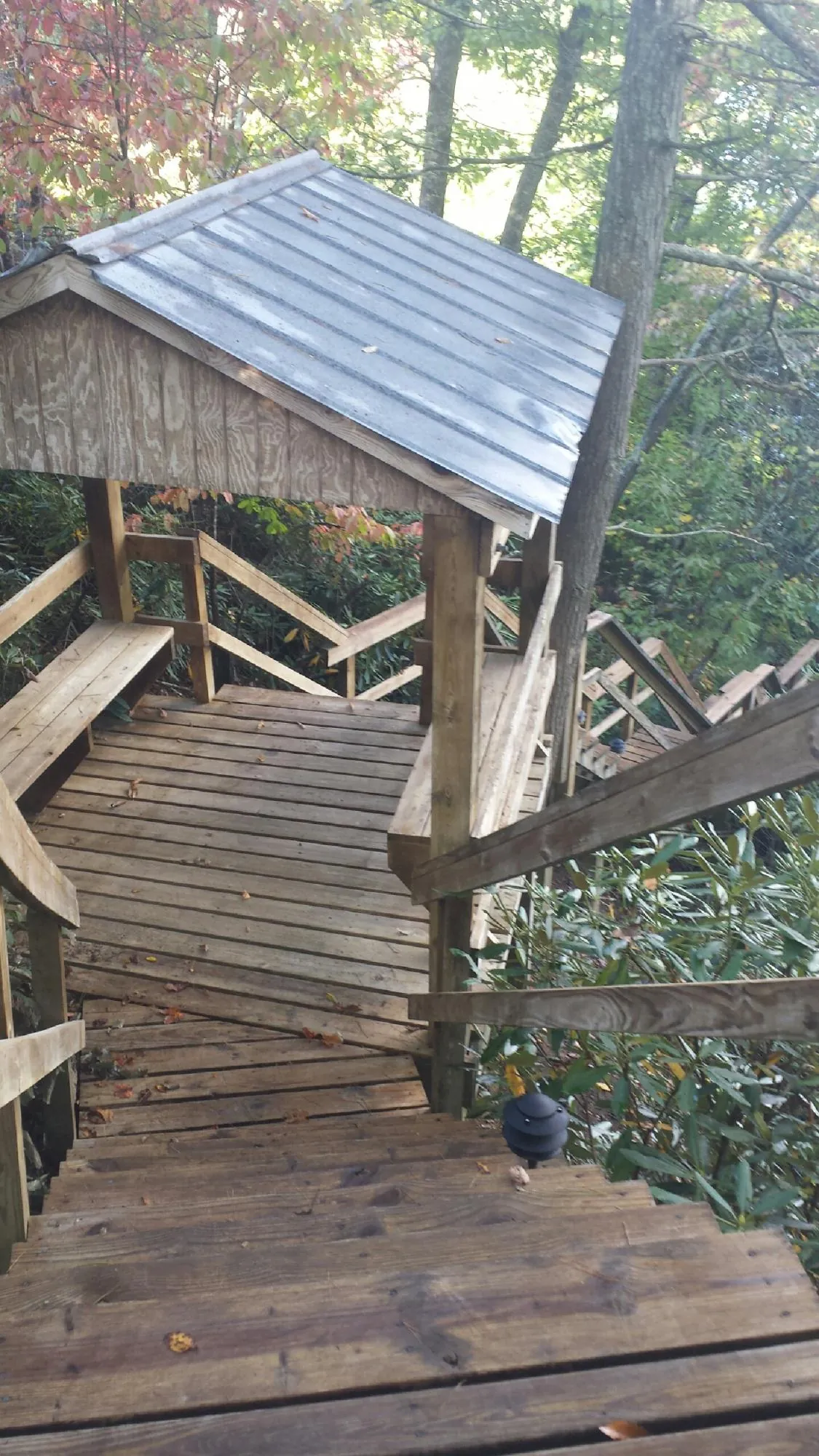 Metal roofed shelter over wooden steps on a wooded walkway — Skylight Repair & Installation work by our crew in Aneta